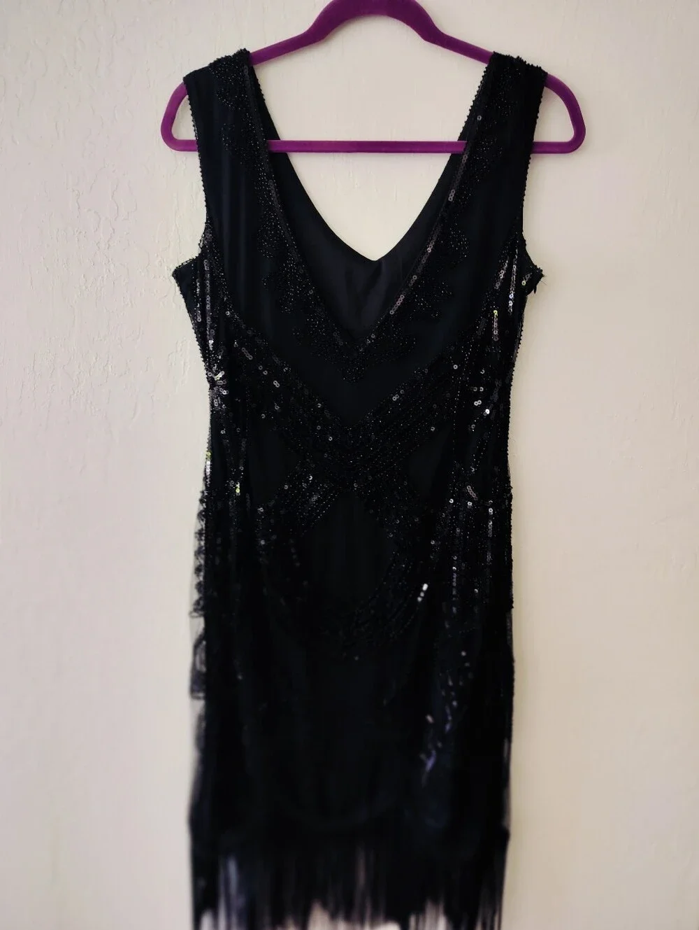 Black Sequined Fringe Art Deco Beaded Evening Cocktail Gown Flapper XL
